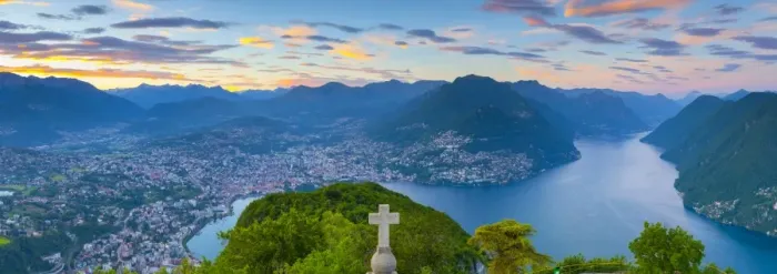 Framed Print : Elevated view over Lugano from Monte San Salvatore illuminated at sunset, Lake Lugano Framed Print : Elevated view over Lugano from Monte San Salvatore illuminated at sunset, Lake Lugano