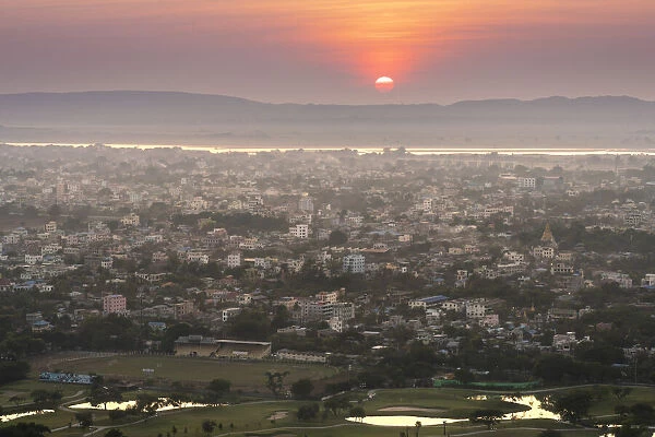 Elevated view of Mandalay city at sunset viewed from Mandalay Hill, Mandalay