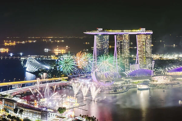 Elevated view of Marina Bay Sands at night during Chinese New Year celebrations