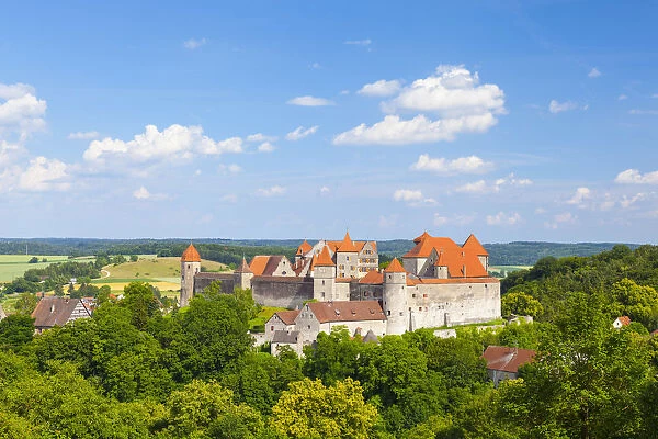 Elevated view towards the medieval Harburg Castle, Swabia, Bavaria, Germany