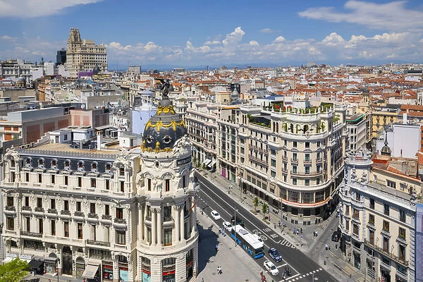 Elevated View of Metropolis Building, Grand Via and Madrid, Madrid, Spain