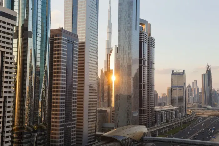 Framed Print : Elevated view over the modern Skyscrapers & metro station along Sheikh Zayed Road