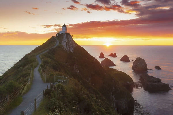 Elevated view of Nugget Point lighthouse in the Catlins national park at sunrise, Otago