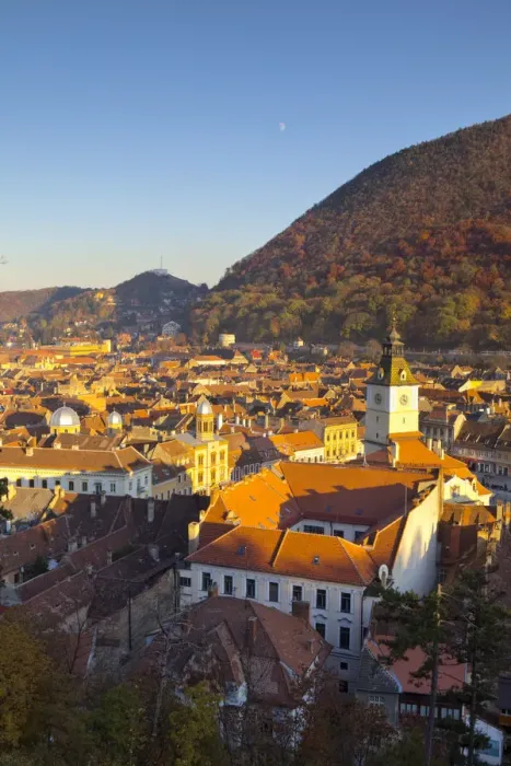 Framed Print : Elevated view over Old Town City Center & rooftops, Piata Sfatului, Brasov, Transylvania