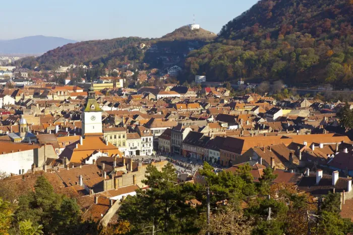 Framed Print : Elevated view over Old Town City Center & rooftops, Piata Sfatului, Brasov