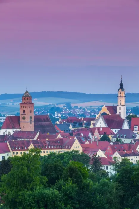 Framed Print : Elevated view over Old Town illuminated at Dawn, Donauworth, Swabia, Bavaria, Germany