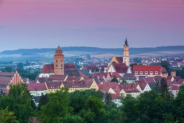 Elevated view over Old Town illuminated at Dawn, Donauworth, Swabia, Bavaria, Germany