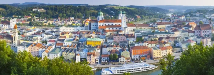 Framed Print : Elevated view over Old Town Passau and The River Danube, Passau, Lower Bavaria, Bavaria Framed Print : Elevated view over Old Town Passau and The River Danube, Passau, Lower Bavaria, Bavaria