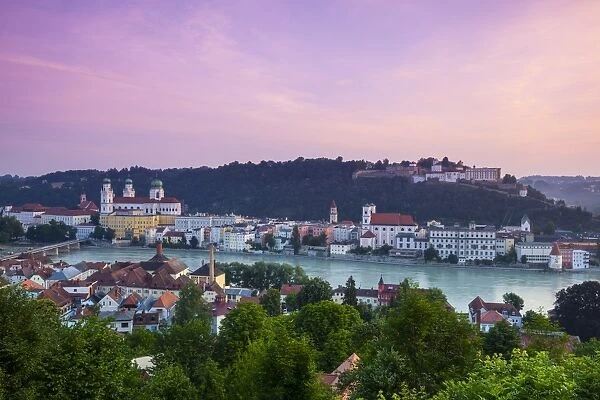 Elevated view over Old Town Passau and The River Danube illuminated at Dawn, Passau