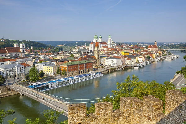 Elevated view over Old Town Passau and The River Danube, Passau, Lower Bavaria, Bavaria