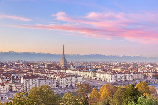 Elevated view of old town of Turin(Torino) at sunset. Piemonte region, Italy, Europe
