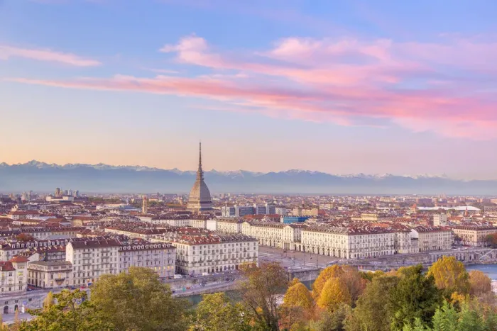 Framed Print : Elevated view of old town of Turin(Torino) at sunset. Piemonte region, Italy, Europe