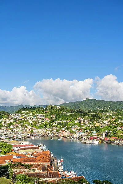 Elevated view over, St Georges Harbour, St Georges, Grenada, Caribbean