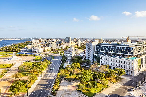 Elevated view of Parque Antonio Maceo and Havana from the Malecon, La Habana Province