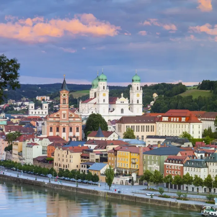 Framed Print : Elevated view towards the picturesque city of Passau at sunset, Passau, Lower Bavaria Framed Print : Elevated view towards the picturesque city of Passau at sunset, Passau, Lower Bavaria