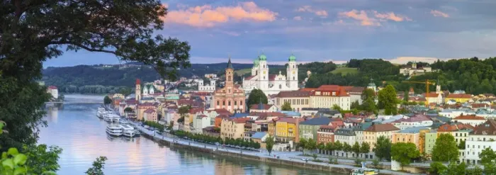 Framed Print : Elevated view towards the picturesque city of Passau at sunset, Passau, Lower Bavaria Framed Print : Elevated view towards the picturesque city of Passau at sunset, Passau, Lower Bavaria