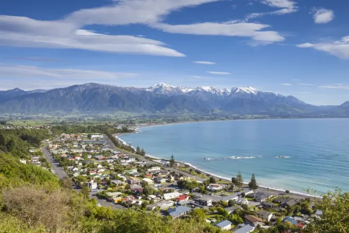 Framed Print : Elevated view over the picturesque coastal town of Kaikoura, Kaikoura, South Island Framed Print : Elevated view over the picturesque coastal town of Kaikoura, Kaikoura, South Island