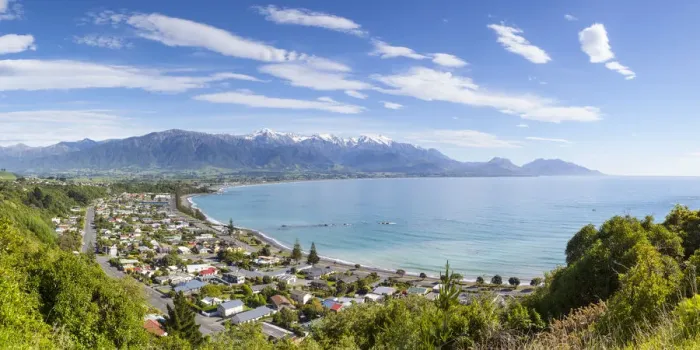 Framed Print : Elevated view over the picturesque coastal town of Kaikoura, Kaikoura, South Island