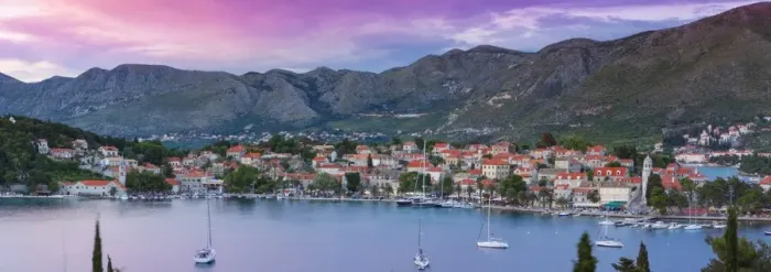 Framed Print : Elevated view over picturesque harbor town of Cavtat illuminated at sunset, Cavtat Framed Print : Elevated view over picturesque harbor town of Cavtat illuminated at sunset, Cavtat