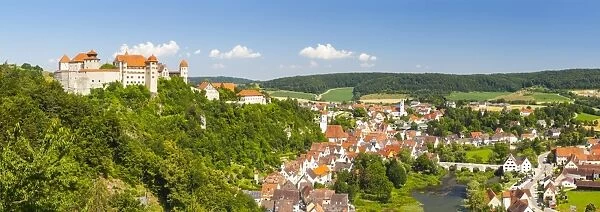 Elevated view over picturesque Harburg Castle & Old Town Center, Harburg, Bavaria