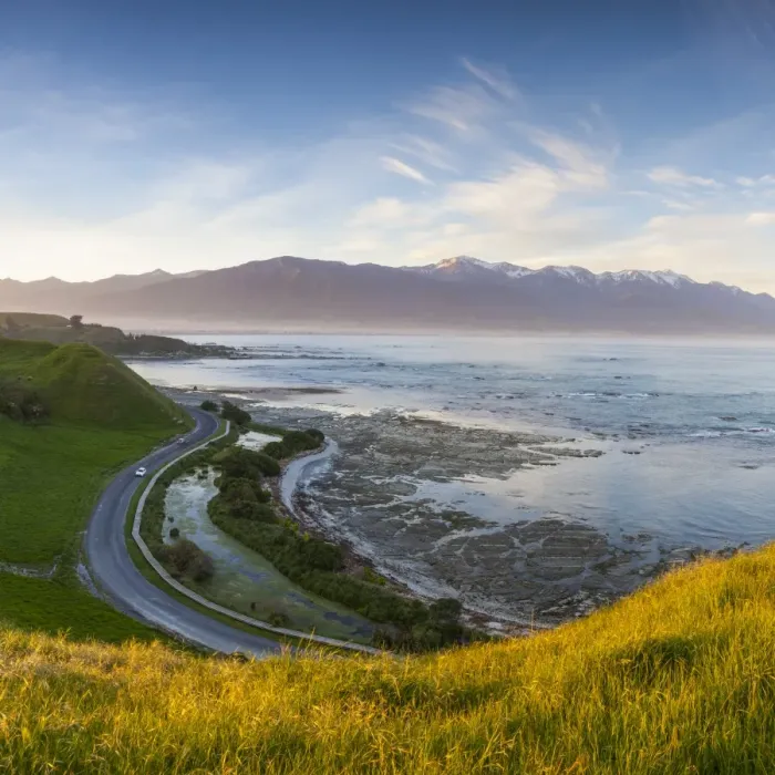 Framed Print : Elevated view over picturesque Kaikoura peninsula illuminated at sunset, Kaikoura
