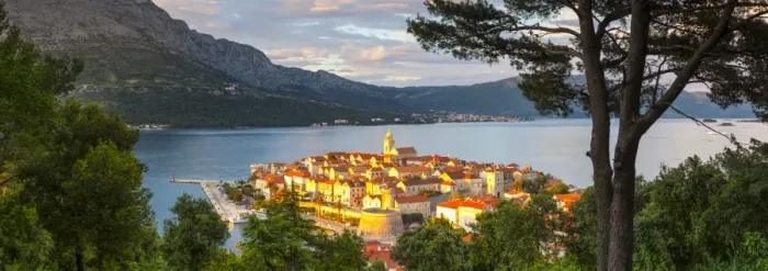 Framed Print : Elevated view over picturesque Korcula Town illuminated at sunset, Korcula, Dalmatia Framed Print : Elevated view over picturesque Korcula Town illuminated at sunset, Korcula, Dalmatia