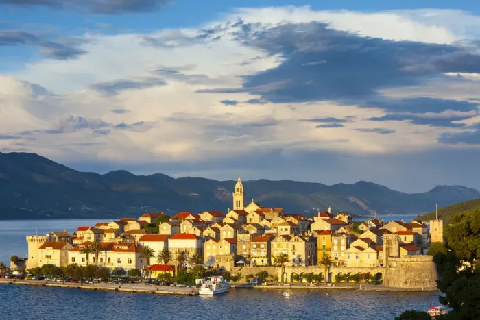 Framed Print : Elevated view over picturesque Korcula Town illuminated at sunset, Korcula, Dalmatia Framed Print : Elevated view over picturesque Korcula Town illuminated at sunset, Korcula, Dalmatia