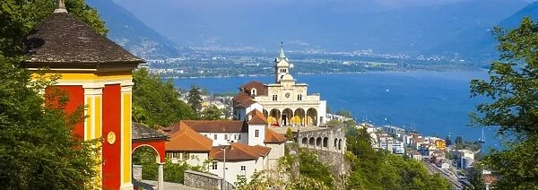 Elevated view over the picturesque Sanctuary of Madonna del Sasso, Locarno, Lake Maggiore