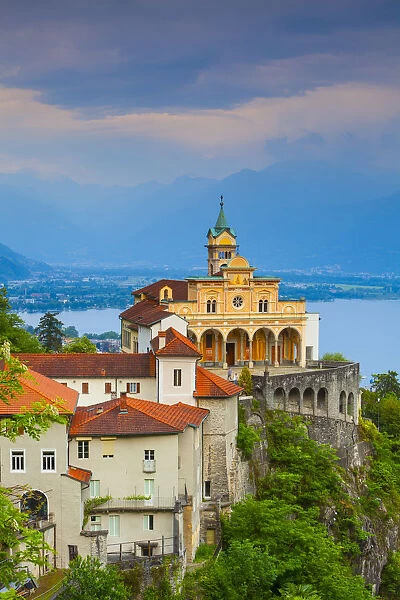 Elevated view over the picturesque Sanctuary of Madonna del Sasso, Locarno, Lake Maggiore