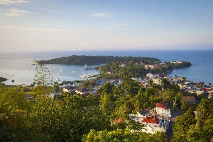 Framed Print : Elevated view over Port Antonio & Navy Island, Portland Parish, Jamaica, Caribbean Framed Print : Elevated view over Port Antonio & Navy Island, Portland Parish, Jamaica, Caribbean