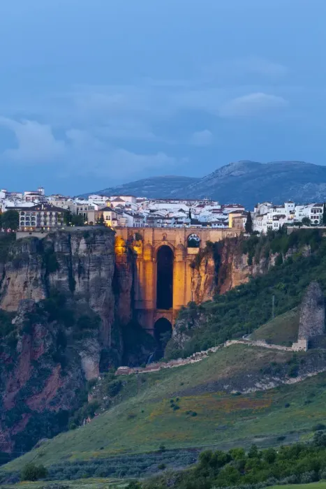 Framed Print : Elevated view over Puento Nuevo & the White Village of Ronda illuminated at dusk, Ronda Framed Print : Elevated view over Puento Nuevo & the White Village of Ronda illuminated at dusk, Ronda