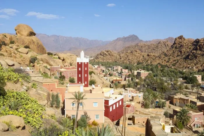 Framed Print : Elevated view over the Red Mosque of Adai, Tafraoute, Anti Atlas, Morocco Framed Print : Elevated view over the Red Mosque of Adai, Tafraoute, Anti Atlas, Morocco