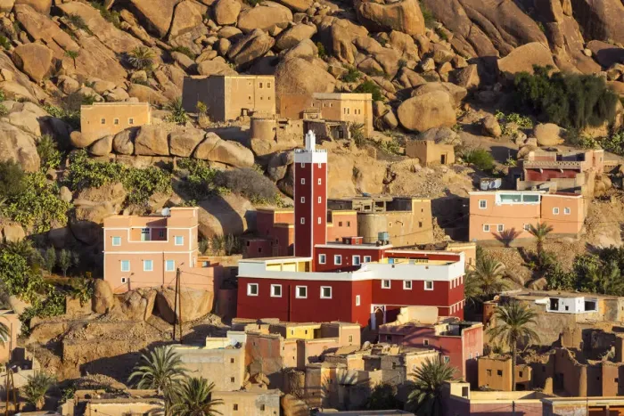 Framed Print : Elevated view over the Red Mosque of Adai, Tafraoute, Anti Atlas, Morocco Framed Print : Elevated view over the Red Mosque of Adai, Tafraoute, Anti Atlas, Morocco