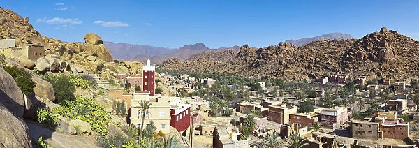 Elevated view over the Red Mosque of Adai, Tafraoute, Anti Atlas, Morocco