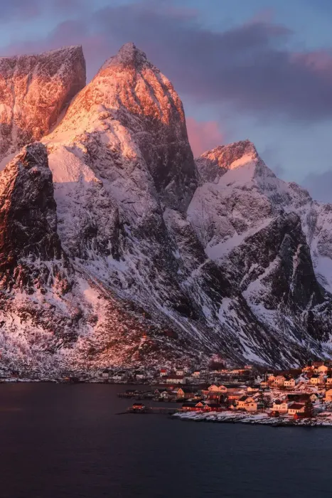 Framed Print : Elevated view of Reine along the coast at sunrise in the Lofoten islands, Norway Framed Print : Elevated view of Reine along the coast at sunrise in the Lofoten islands, Norway