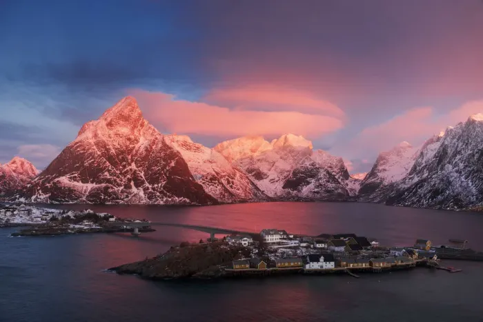 Framed Print : Elevated view of Sakrisoy along the coast at sunrise in the Lofoten islands, Norway
