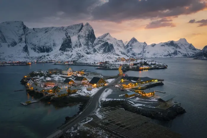 Framed Print : Elevated view of Sakrisoy Village, Lofoten Islands, Nordland, Norway Framed Print : Elevated view of Sakrisoy Village, Lofoten Islands, Nordland, Norway