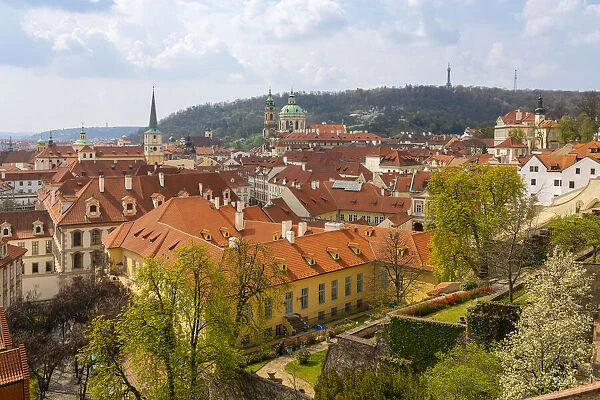 Elevated view of St. Nicholas Church as seen from Small Furstenberg Garden by Prague Castle, Mala Strana, Prague, Bohemia, Czech Republic