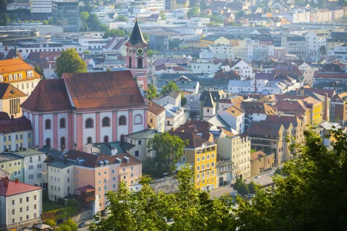 Framed Print : Elevated view over St. Pauls church and central Passau, Lower Bavaria, Bavaria