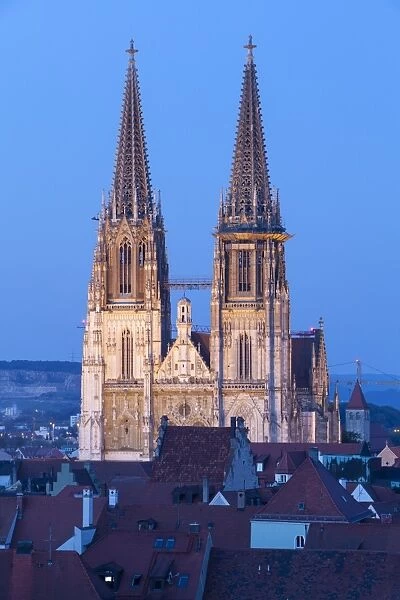 Elevated view towards St. Peters Cathedral illuminated at Dusk, Regensburg, Upper Palatinate