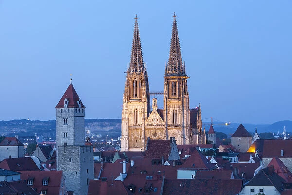 Elevated view towards St. Peters Cathedral illuminated at Dusk, Regensburg, Upper