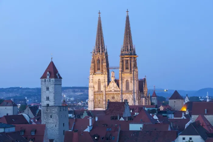 Framed Print : Elevated view towards St. Peters Cathedral illuminated at Dusk, Regensburg, Upper Framed Print : Elevated view towards St. Peters Cathedral illuminated at Dusk, Regensburg, Upper