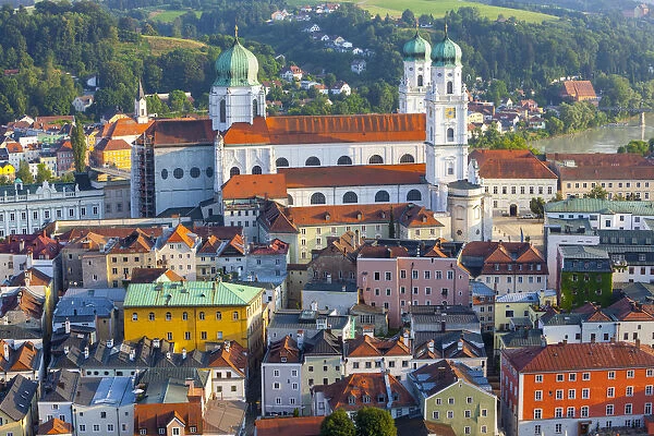 Elevated view over St. Stephans Cathedral and The River Danube, Passau, Lower