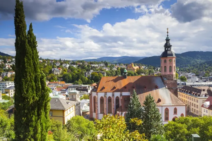 Framed Print : Elevated view over Stiftskirche & surrounding township, Baden-Baden, Black Forest Framed Print : Elevated view over Stiftskirche & surrounding township, Baden-Baden, Black Forest