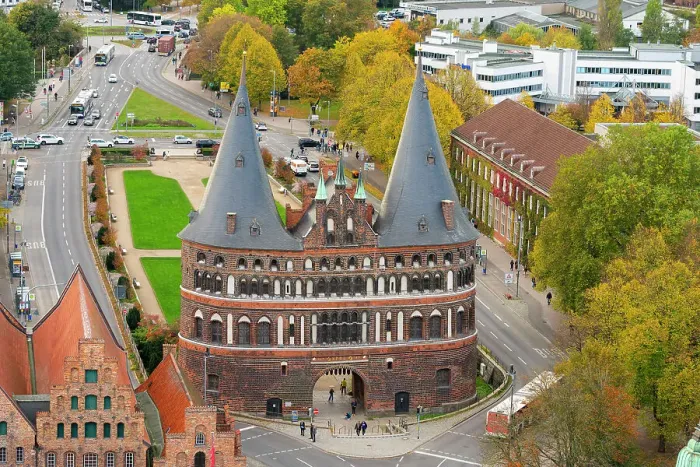 Framed Print : Elevated view of tourists at famous Holstentor, Lubeck, UNESCO, Schleswig-Holstein, Germany Framed Print : Elevated view of tourists at famous Holstentor, Lubeck, UNESCO, Schleswig-Holstein, Germany