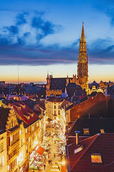 Elevated view of the town hall in Brussels by night, Belgium