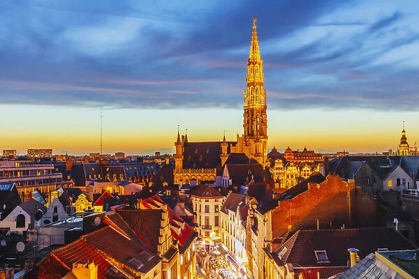 Elevated view of the town hall in Brussels by night, Belgium