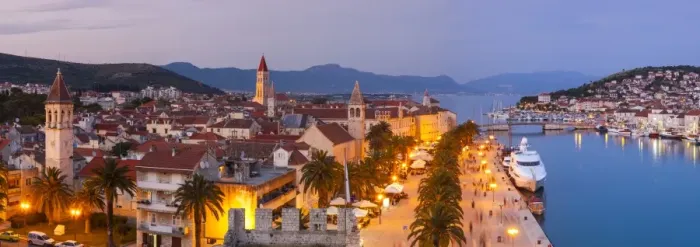 Framed Print : Elevated view over Trogirs Stari Grad (old town) illuminated at dusk, Trogir, Dalmatia