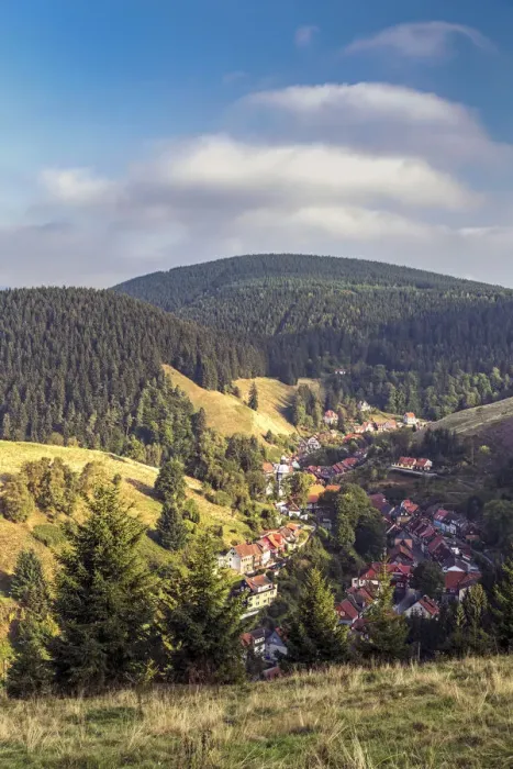 Framed Print : Elevated view over the village of Lerbach, Harz Mountains, Saxony-Anhalt, Germany