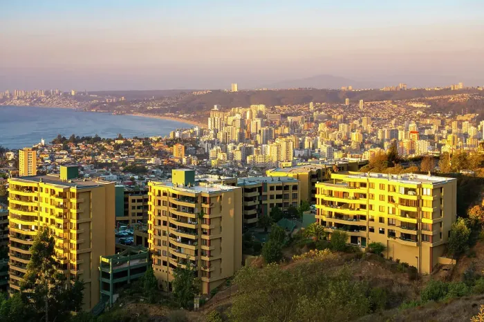 Framed Print : Elevated view of Vina del Mar coastal city seen from Mirador Pablo Neruda at sunset, Vina del Mar, Valparaiso Province, Valparaiso Region, Chile